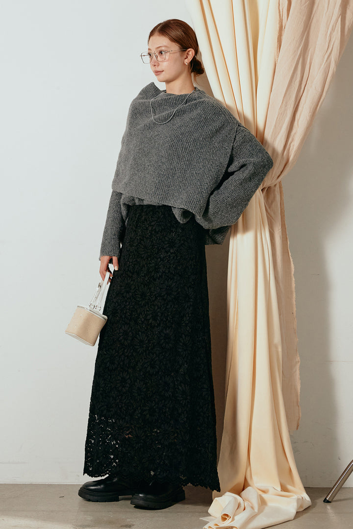 [SET]ケープデザインリブニットトップス+花柄刺繍ベロアフレアスカート(2set)