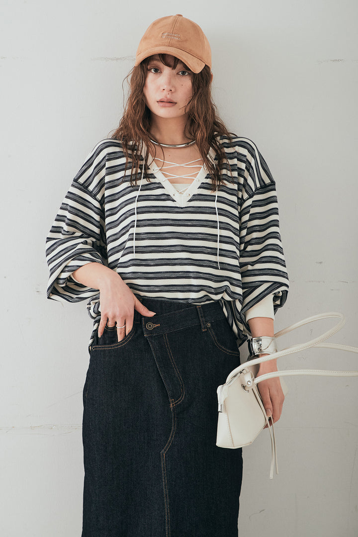 [SET]レースアップワッフルボーダートップス+ウエストクロスデニムタイトスカート(2set)