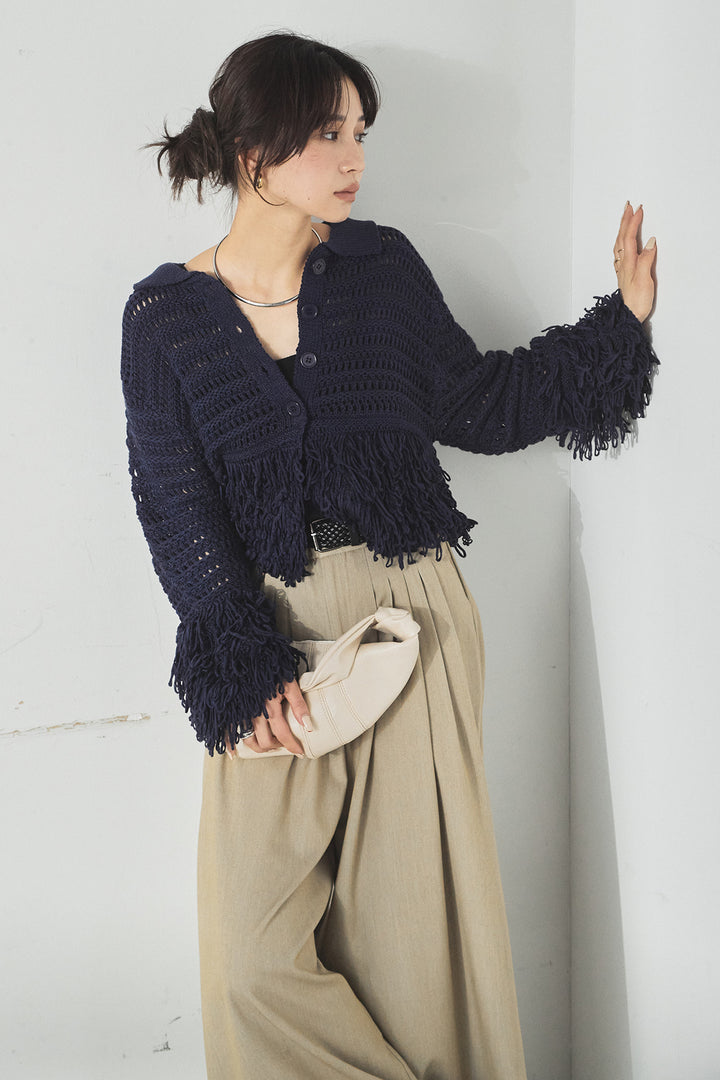 [SET]メッシュフリンジカーディガン+編みベルト付きウエストタックワイドパンツ(2set)