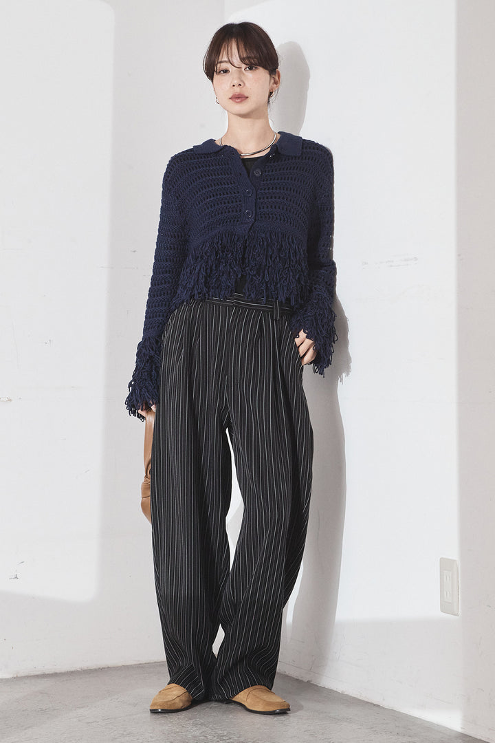 [SET]メッシュフリンジカーディガン+ヘリンボーンストライプツータックパンツ(2set)