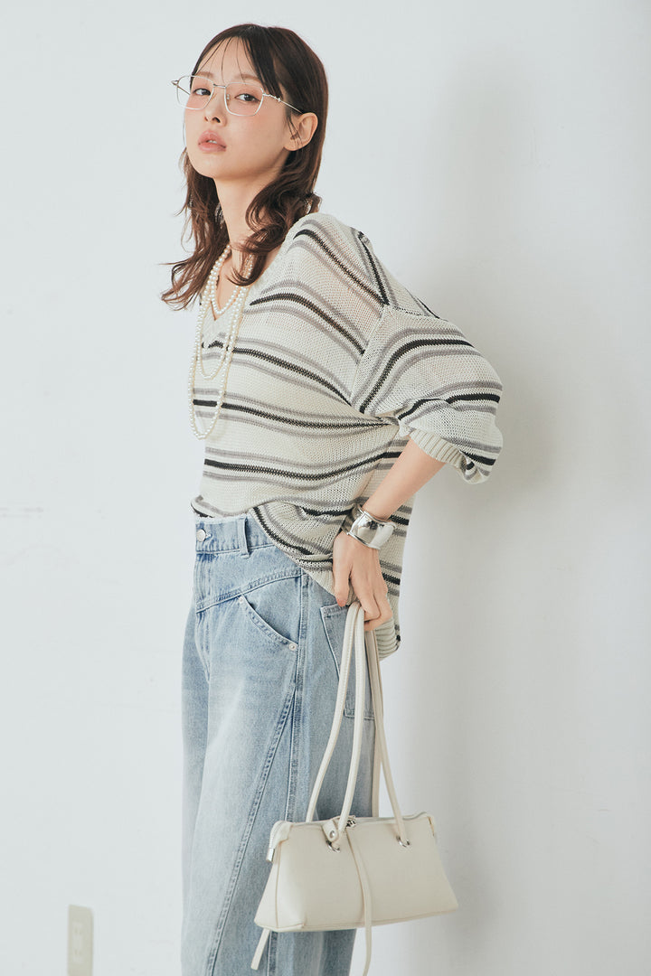 [SET]綿タッチVネックボーダートップス+デニムヨークパンツ(2set)