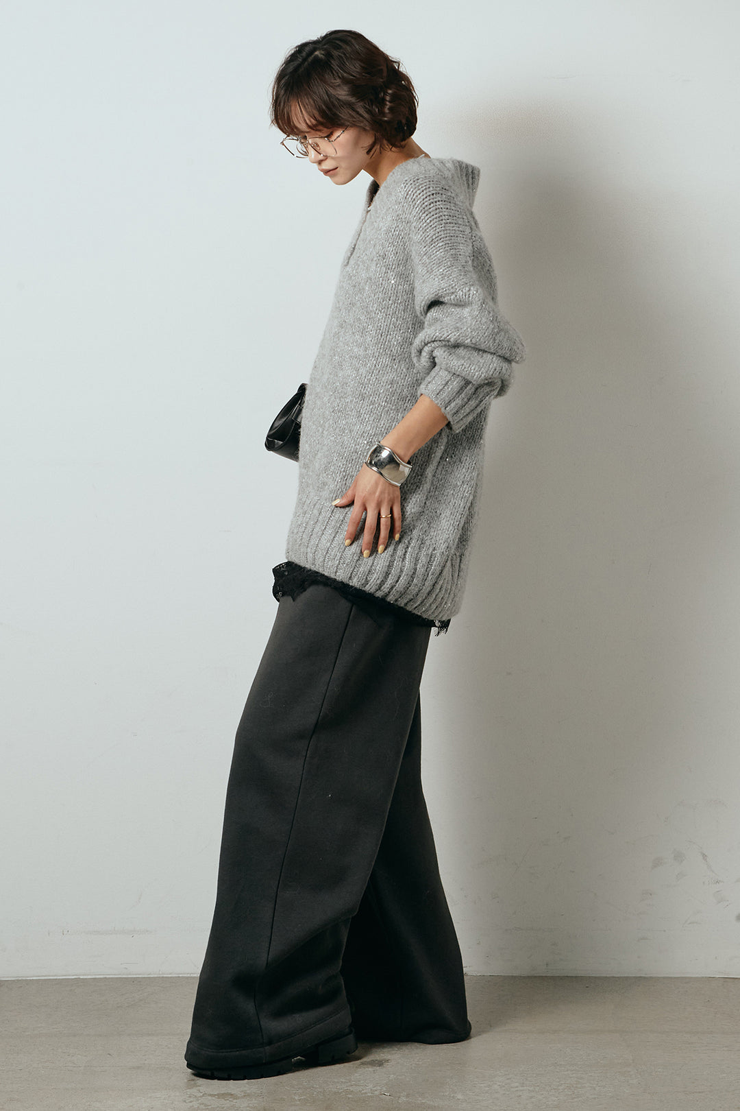 [SET]Vネックラメニットトップス+裏起毛スウェットワイドパンツ(2set)