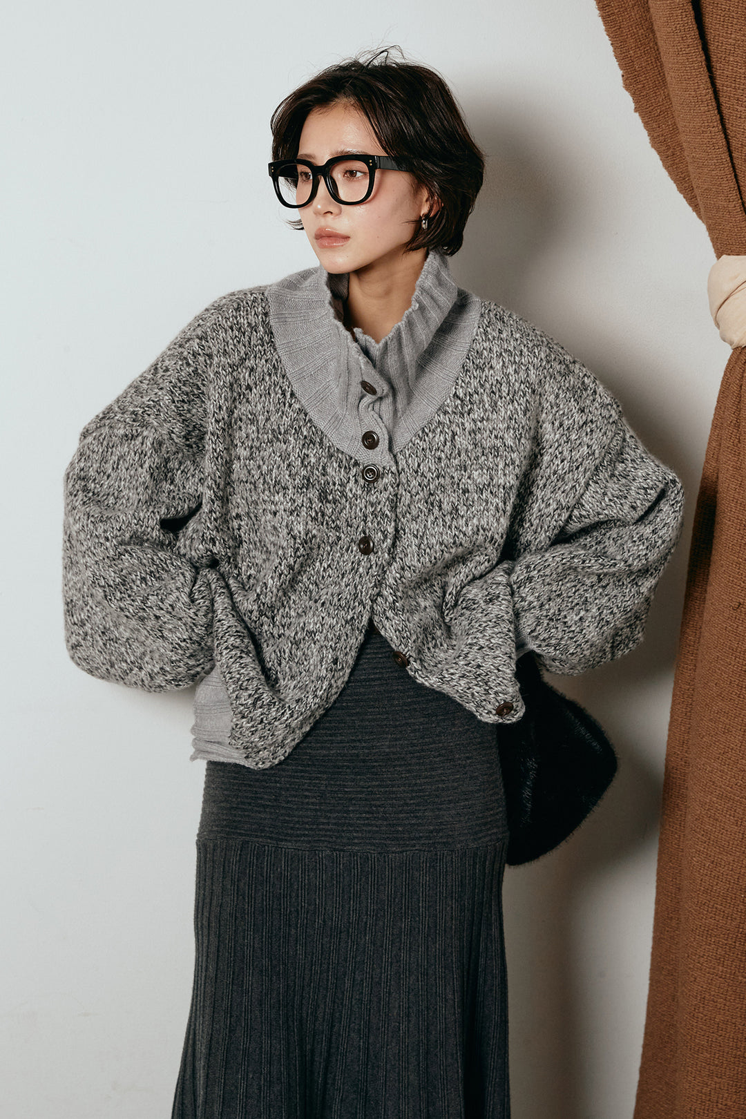 [SET]ハイネックミックスニットカーディガン+編み地切り替えフレアニットスカート(2set)