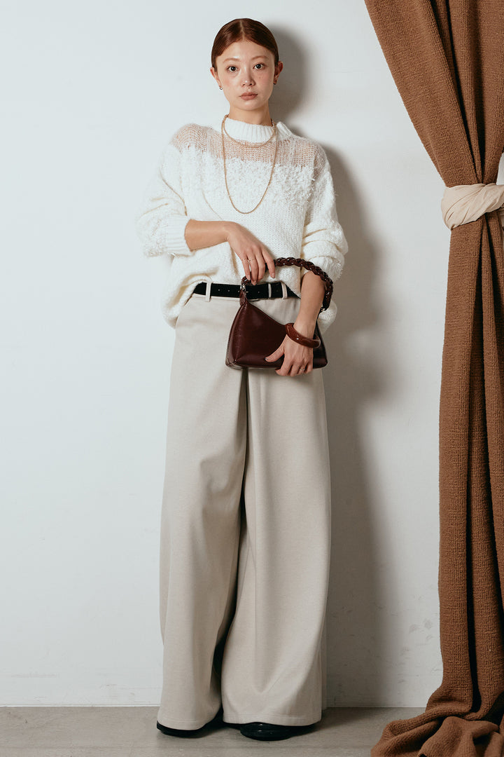 [SET]パターンランダム編みニットトップス+ベルト付きフロントタックデザインパンツ(2set)