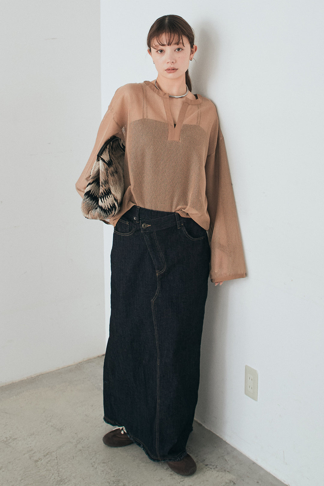 [SET]メッシュカットソースキッパープルオーバー+ウエストクロスデニムタイトスカート(2set)