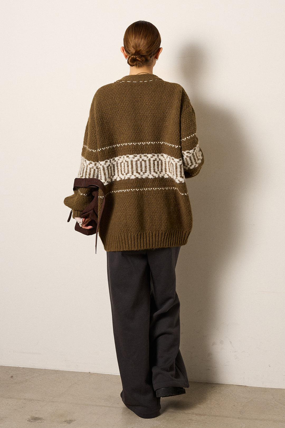 [SET]ライン柄ステッチニットカーディガン+2WAY袖コード刺繍クルーネックプルオーバー+裏起毛スウェットワイドパンツ(3set)