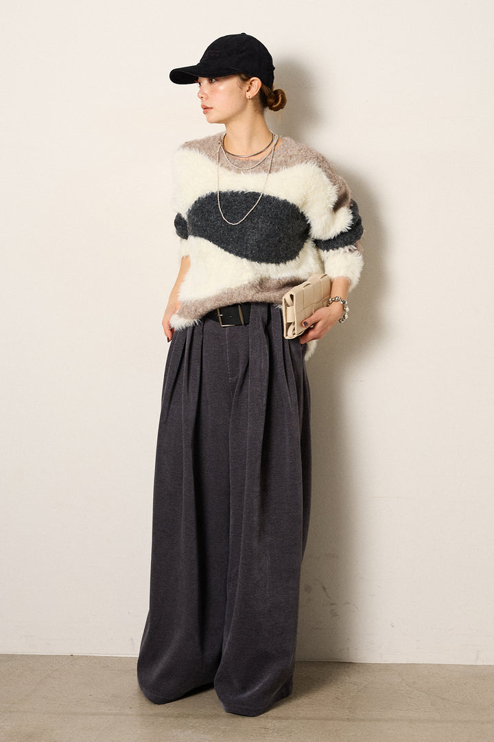 [SET]シャギーウェーブ柄クルーネックニットトップス+ベルトループコーデュロイワイドパンツ(2set)