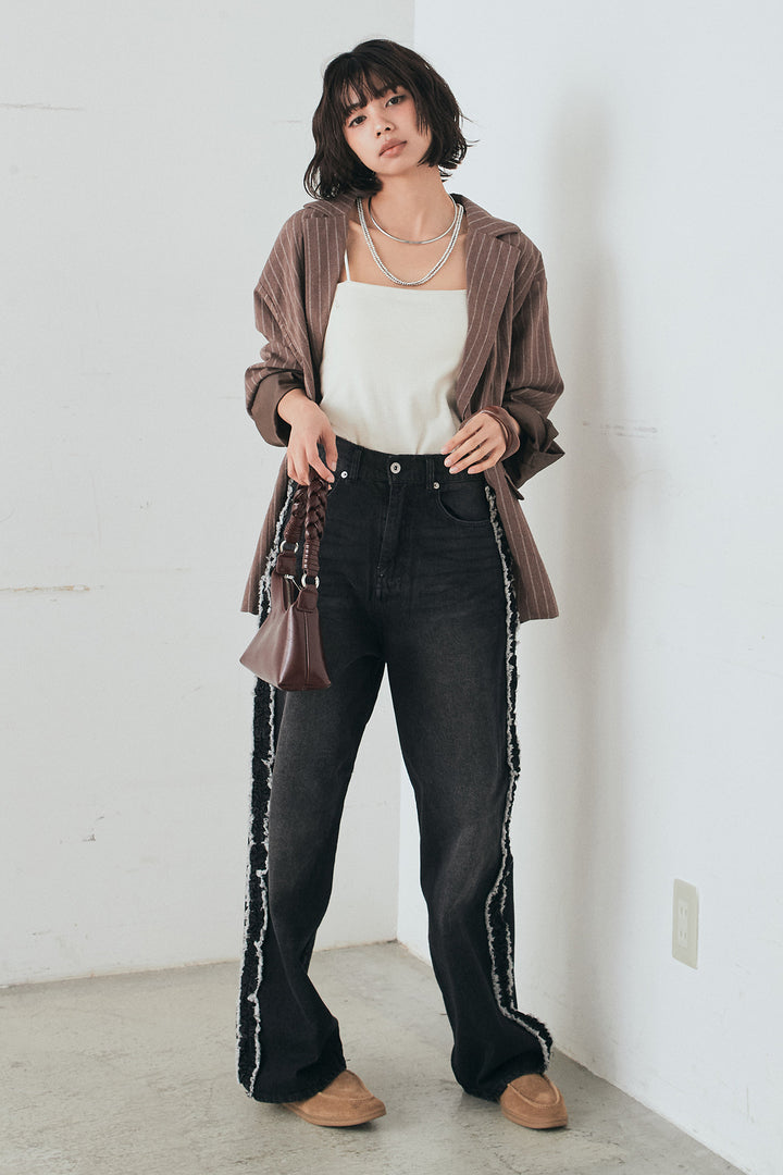 [SET]リネンライクストライプテーラードジャケット+デニムサイドフリルパンツ(2set)