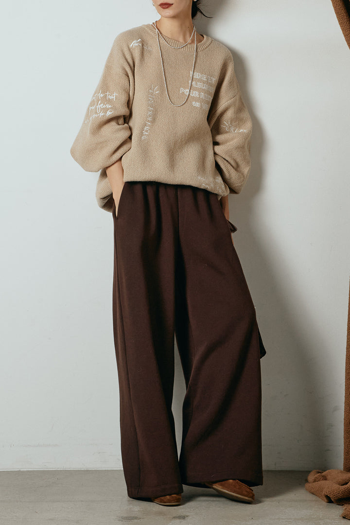 [SET]刺繍ロゴランダムデザインニットトップス+裏起毛スウェットワイドパンツ(2set)
