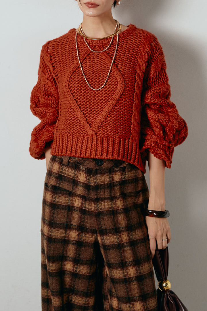 [SET]ロービングケーブルショート丈プルオーバー+ルーズタータンチェックワイドパンツ(2set)