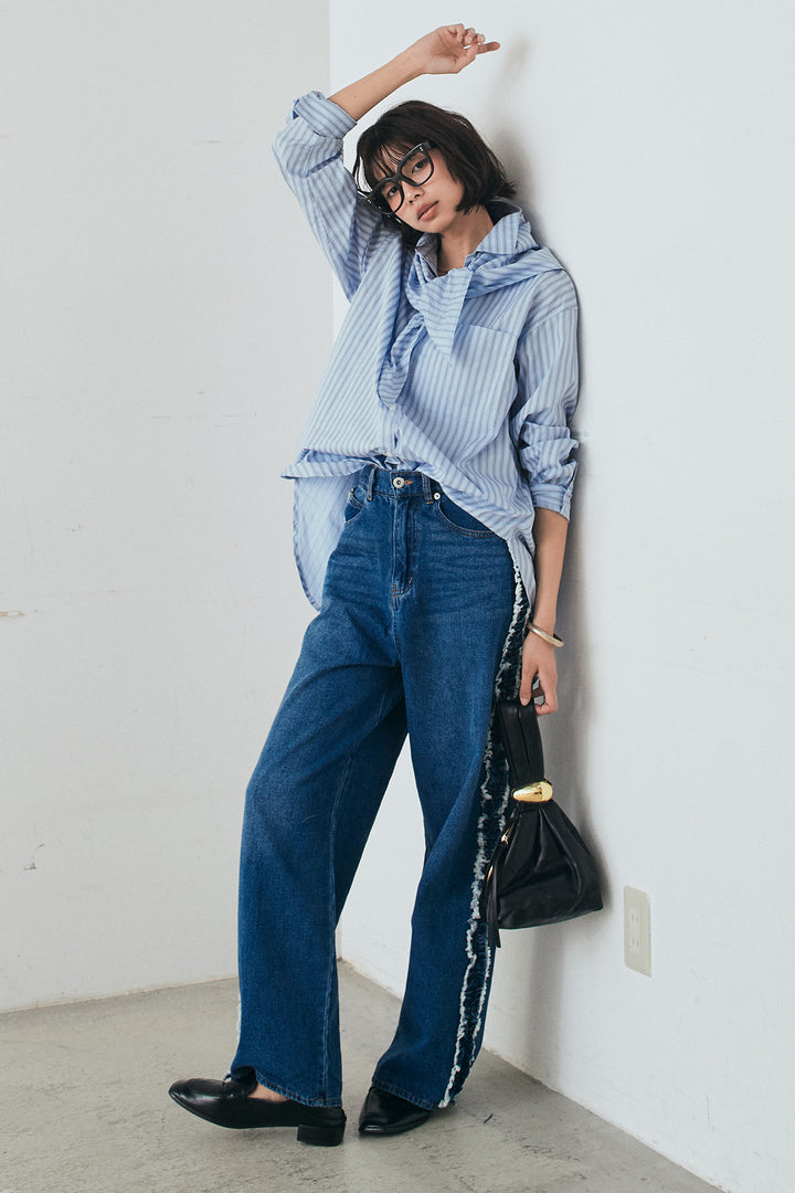 [SET]ランダムストライプスカーフ付きシャツ+デニムサイドフリルパンツ(2set)