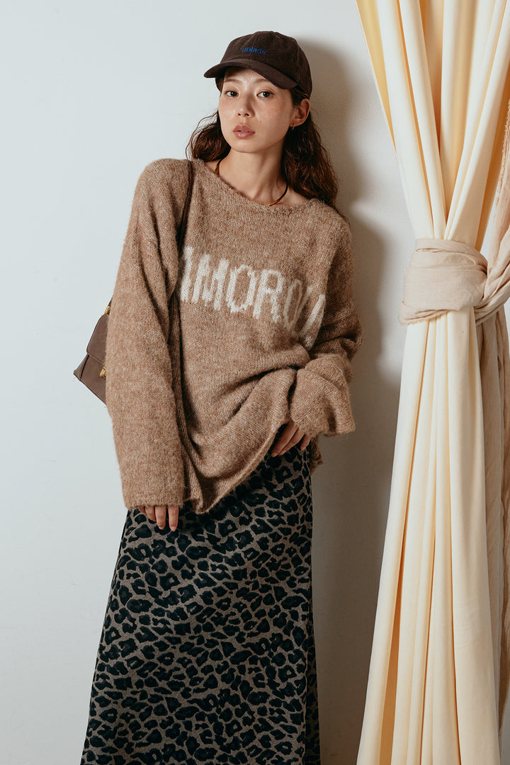 [SET]フロントロゴデザインニットトップス+レオパードロングスカート(2set)