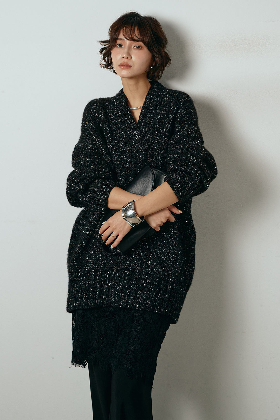 [SET]Vネックラメニットトップス+レース刺繍レイヤードフレアパンツ(2set)