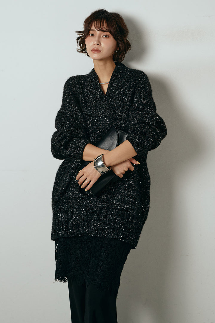 [SET]Vネックラメニットトップス+レース刺繍レイヤードフレアパンツ(2set)