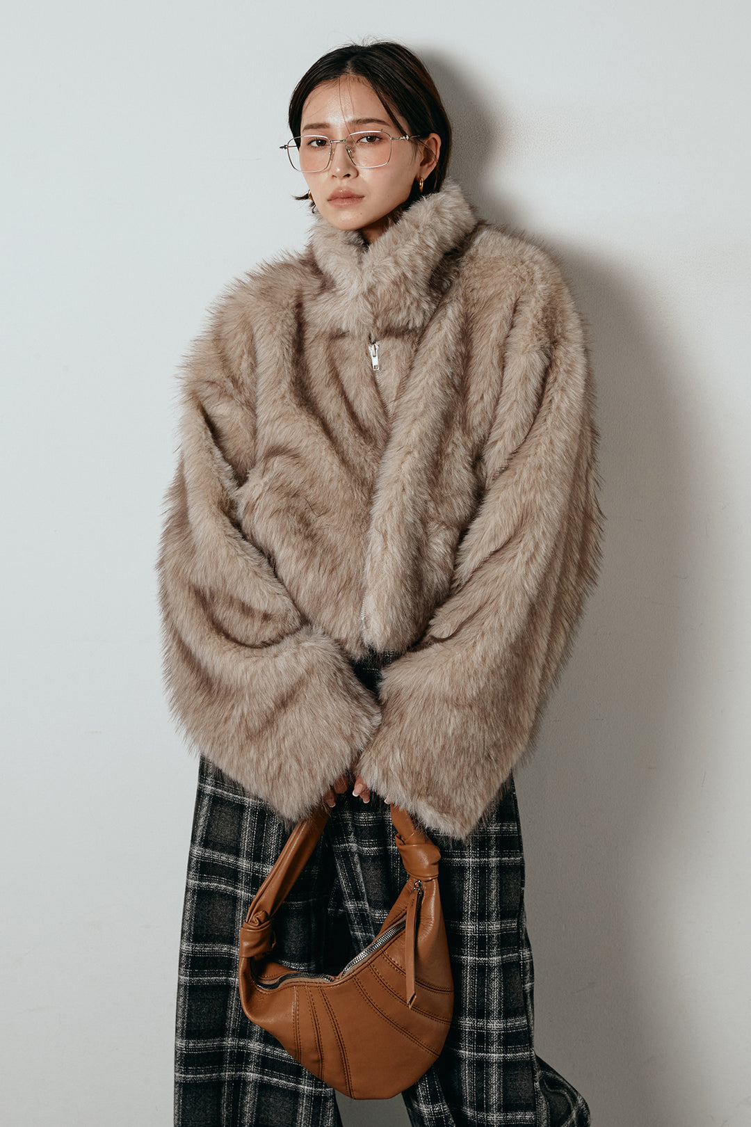 [SET]エコファーショート丈ブルゾン+ルーズタータンチェックワイドパンツ(2set)