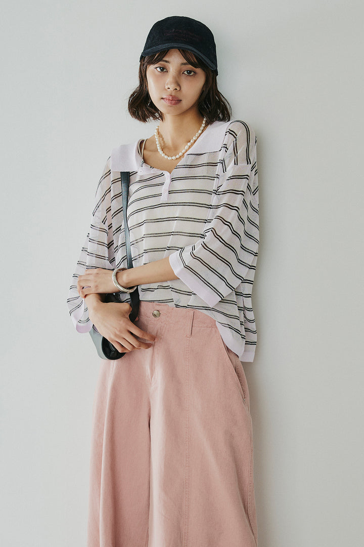 [SET]ボーダーニットポロシャツ+サイドベルトカーブワイドパンツ(2set)