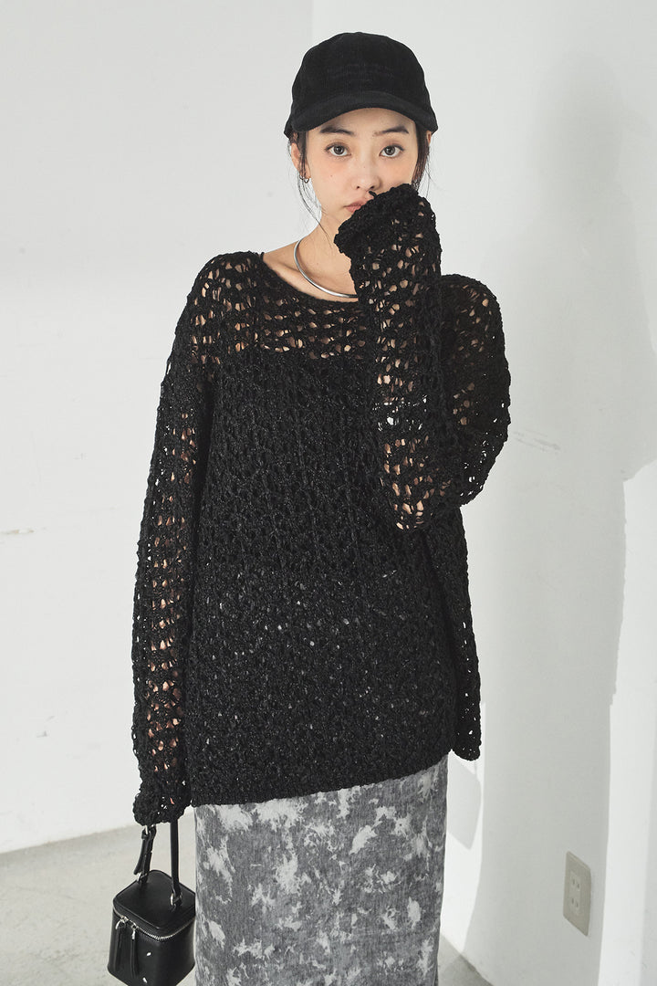 [SET]リラックスメッシュニットトップス+タイダイ柄ベロアワイドスカート(2set)