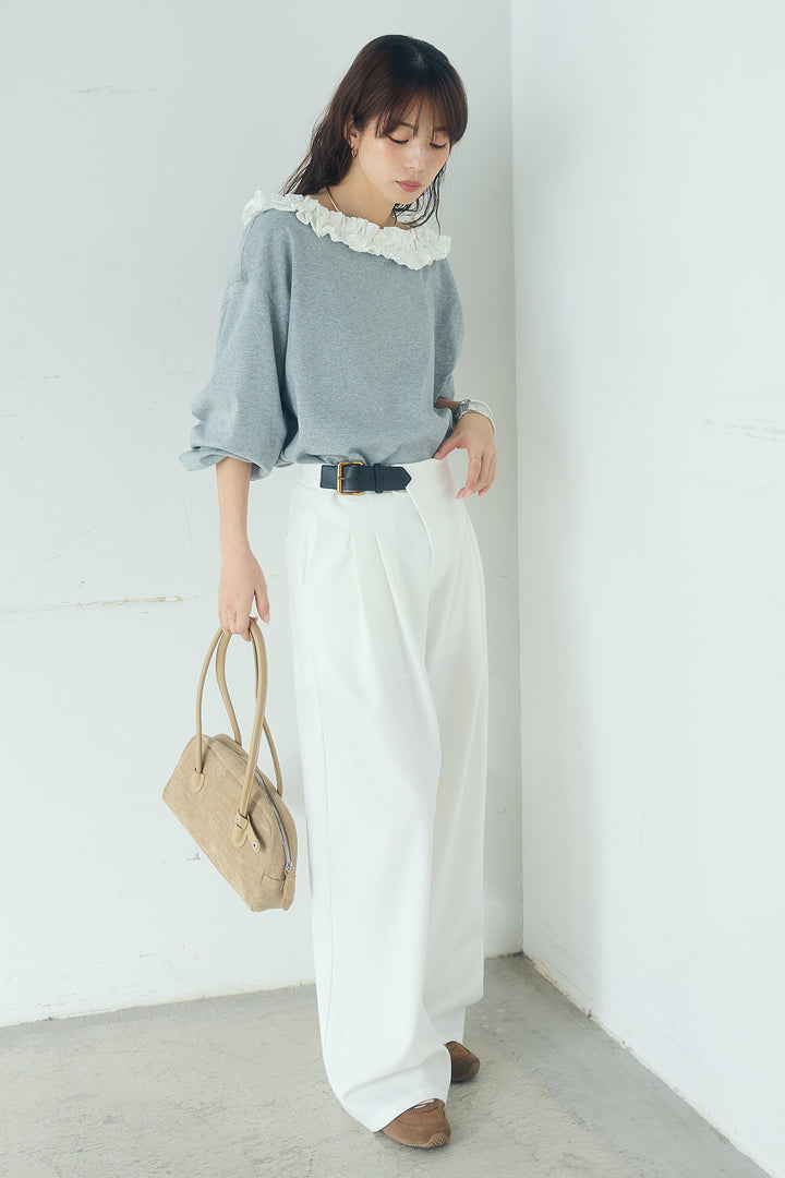 [SET]ネックギャザーフリルスウェット+サイドベルトタック入りスラックス(2set)