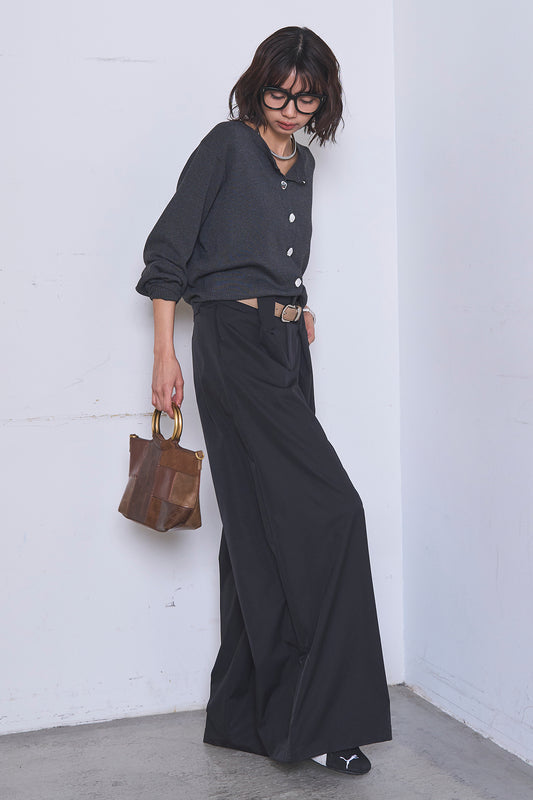 【着回しセット】[SET]リサイクルポリニュアンス釦カーデ+立体フラワー刺繍レースシャツ+ベルトループデザインハイウエストタックパンツ(3set)