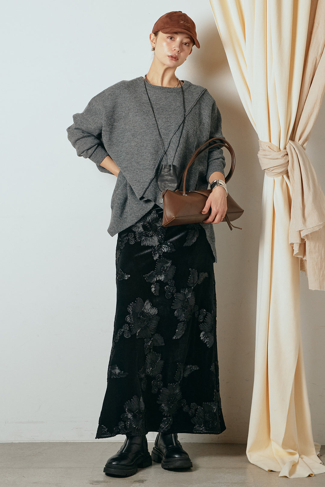 【着回しセット】[SET]アシンメトリーデザインニットトップス+センターラインニットパンツ+フラワー刺繍ワイドスカート(3set)