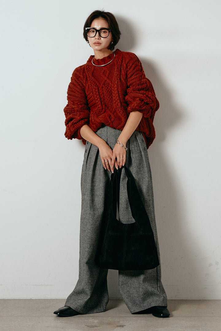 [SET]アラン柄ミックスケーブルニット+サイドボタンツイードタックパンツ(2set)