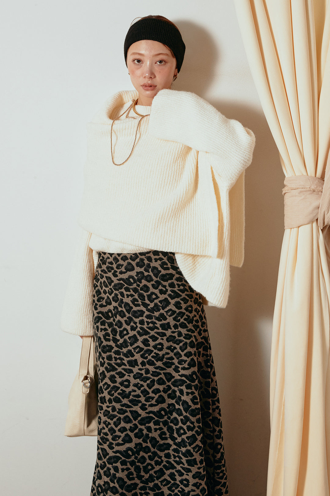 [SET]ケープデザインリブニットトップス+レオパードロングスカート(2set)