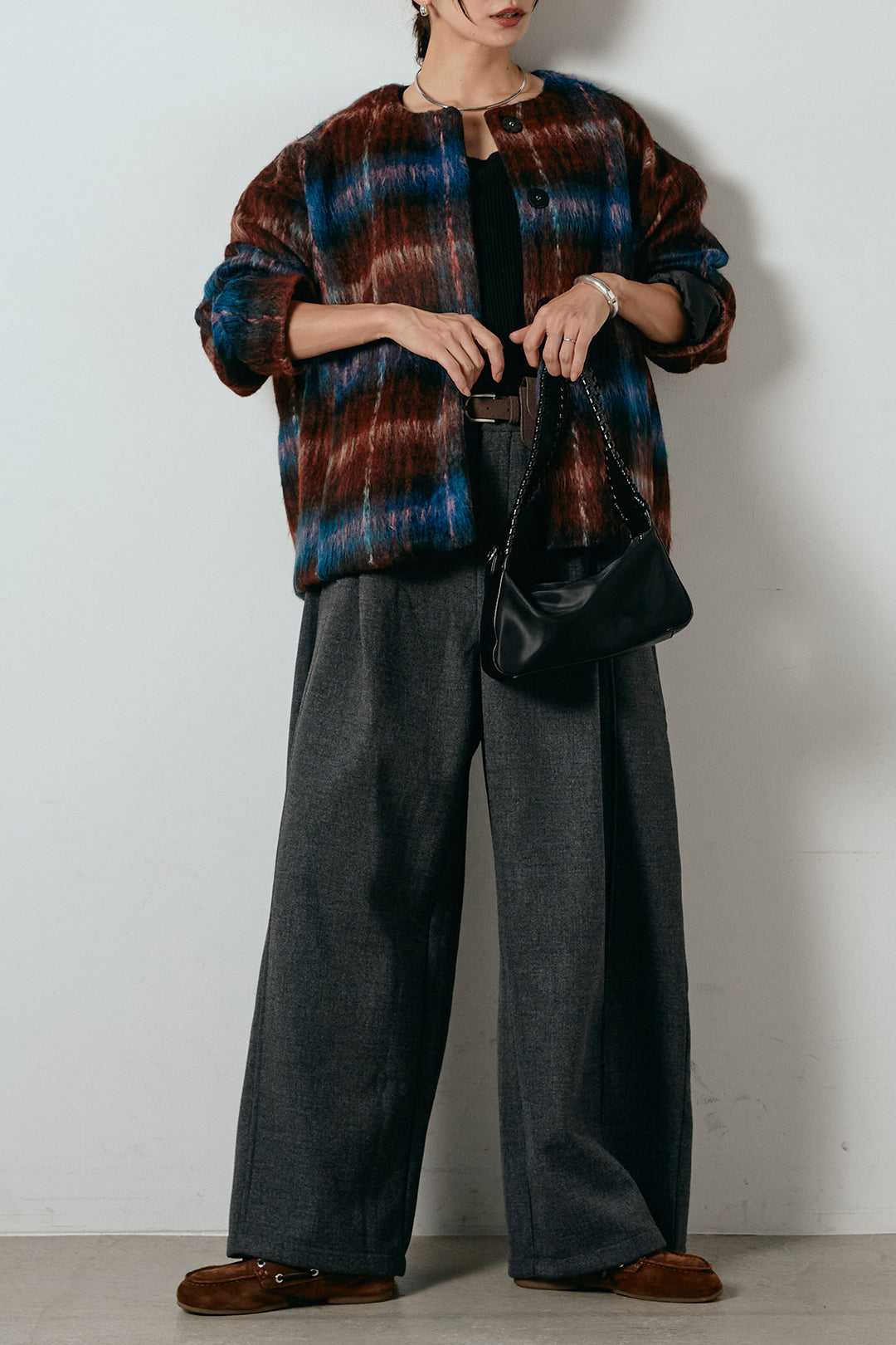 [SET]ノーカラーシャギーチェックアウター+ポーチベルト付きカーブパンツ(2set)