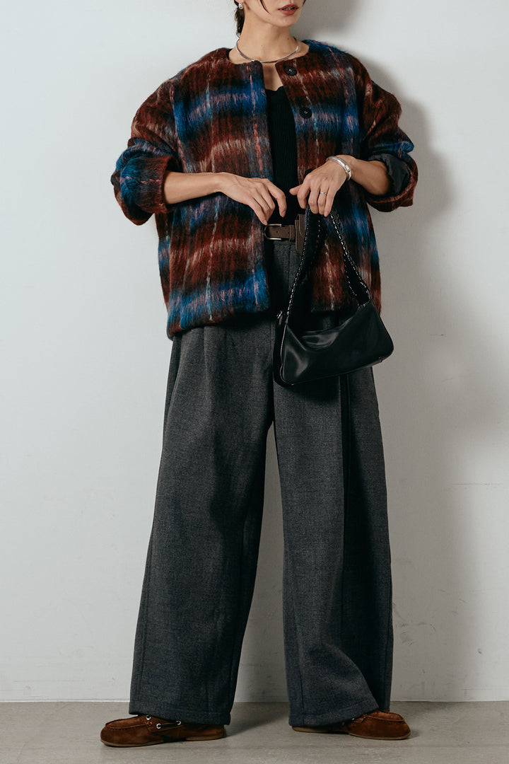 [SET]ノーカラーシャギーチェックアウター+ポーチベルト付きカーブパンツ(2set)