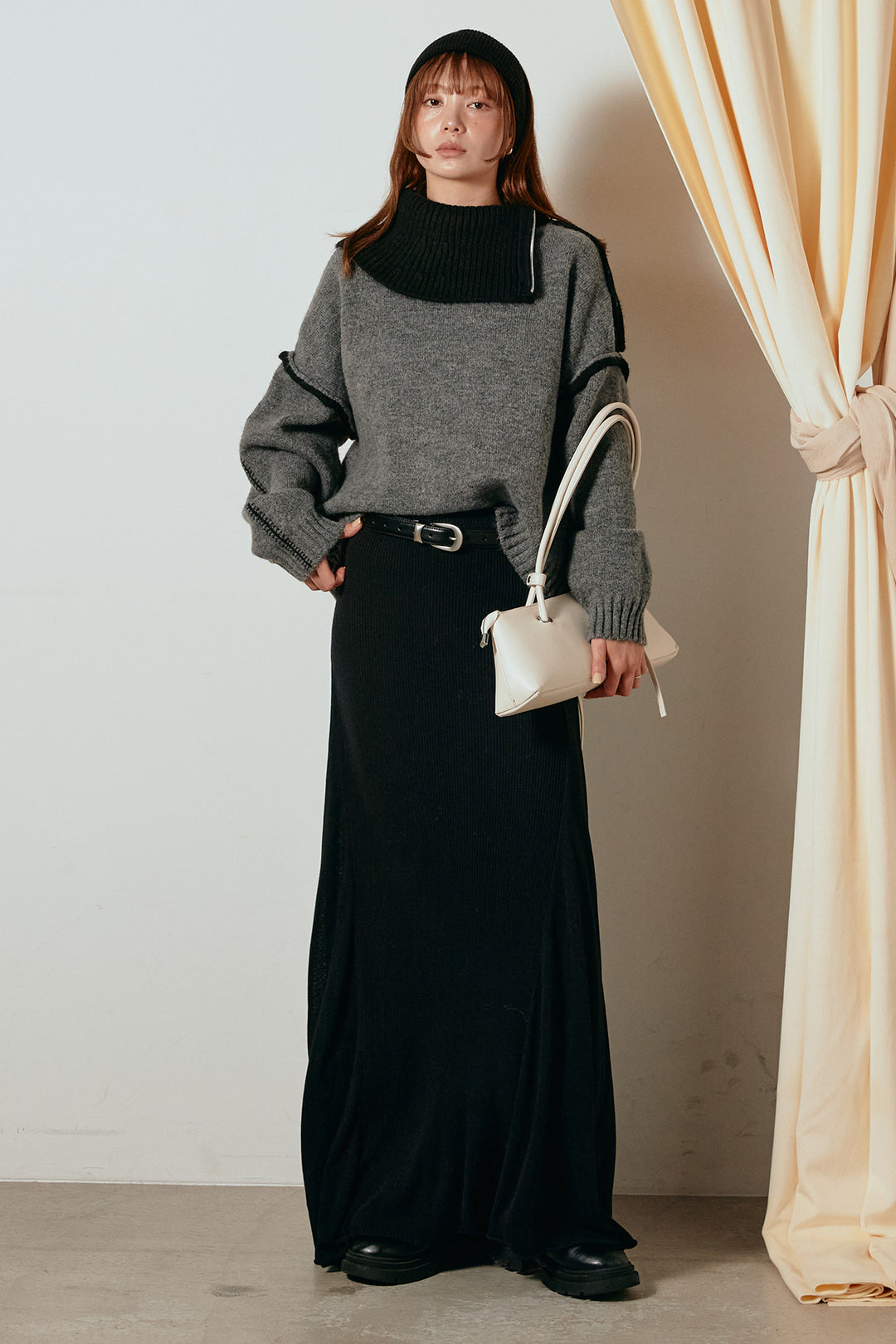 [SET]ハイネックジップデザインニットトップス+サイド切り替えリブニットロングスカート(2set)