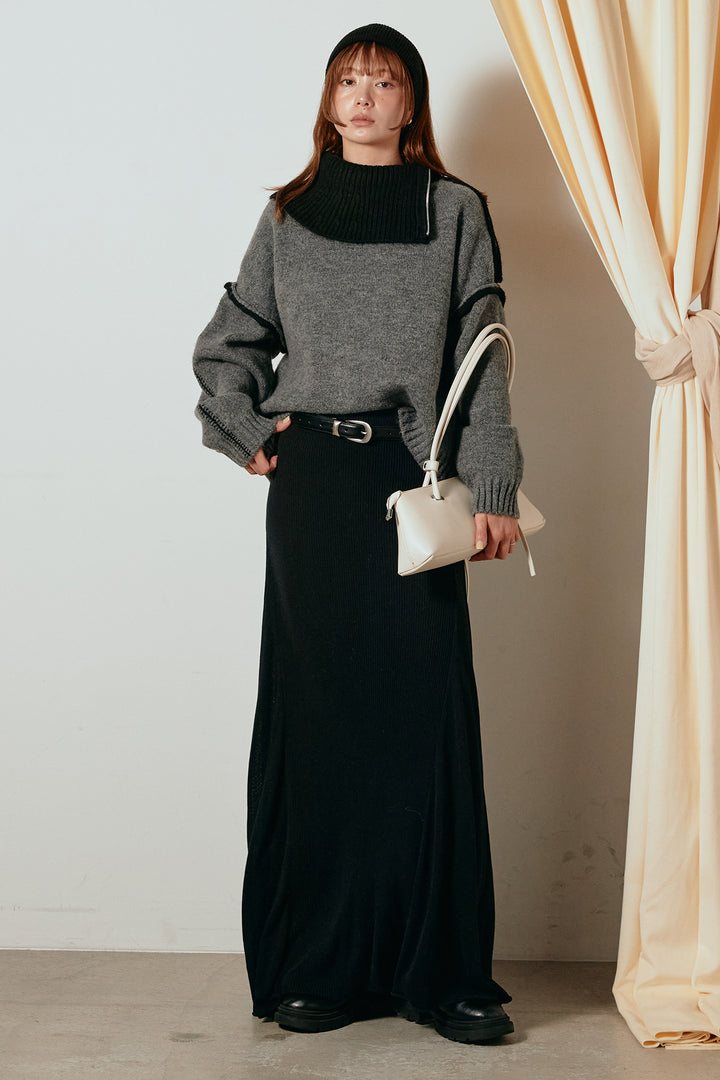 [SET]ハイネックジップデザインニットトップス+サイド切り替えリブニットロングスカート(2set)