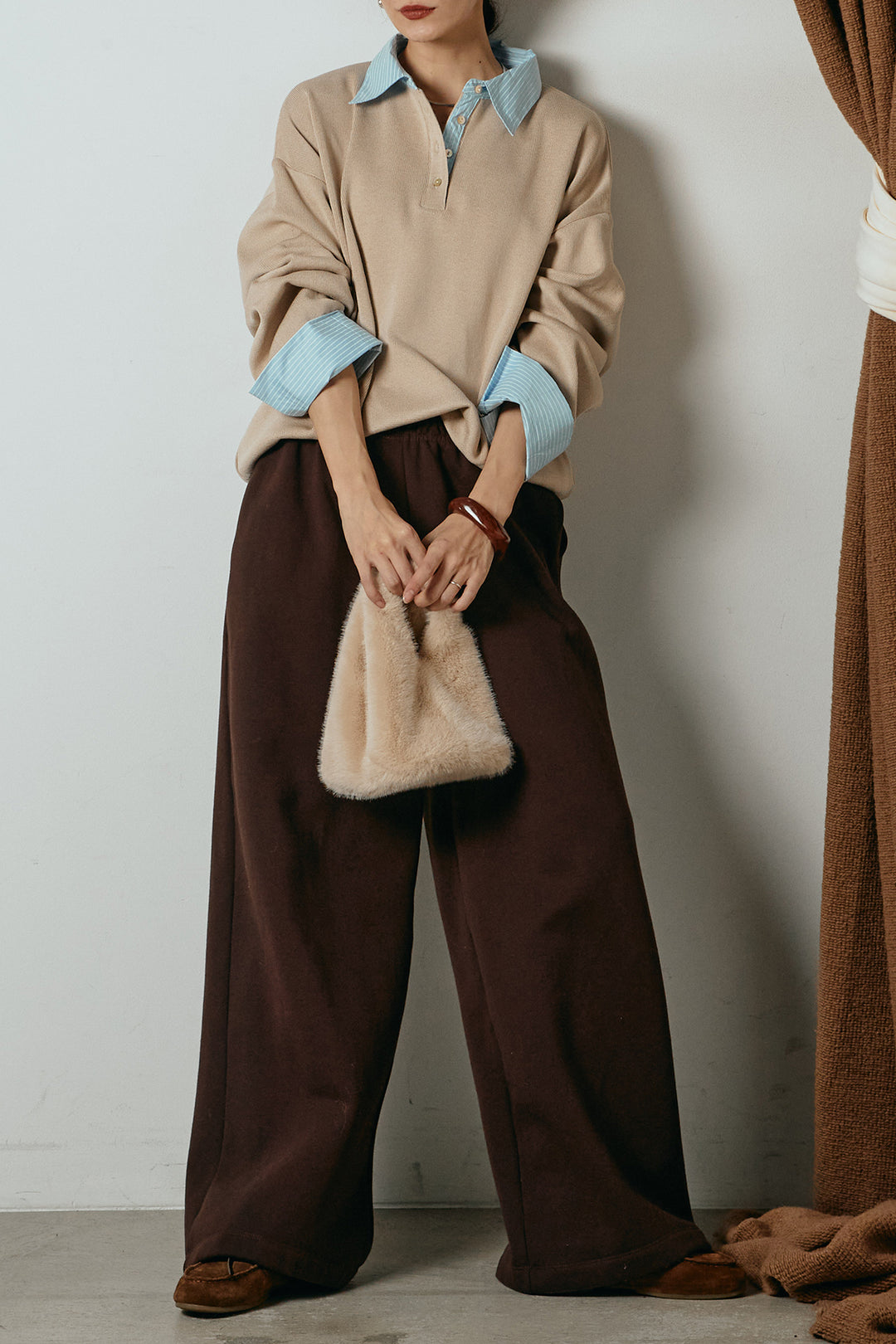 [SET]ストライプシャツドッキングポロトップス+裏起毛スウェットワイドパンツ(2set)