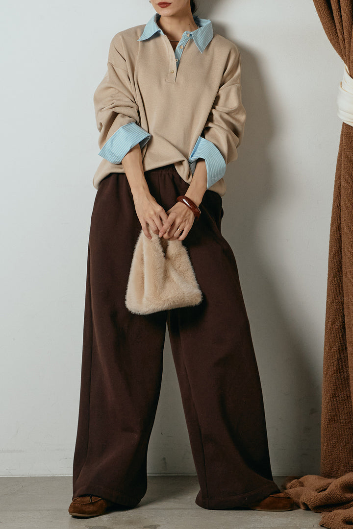 [SET]ストライプシャツドッキングポロトップス+裏起毛スウェットワイドパンツ(2set)