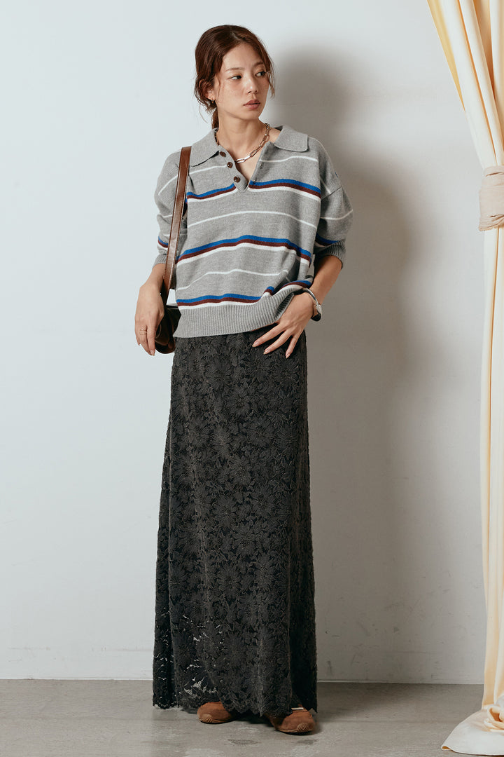 [SET]襟付きマルチボーダーニットポロトップス+花柄刺繍ベロアフレアスカート(2set)