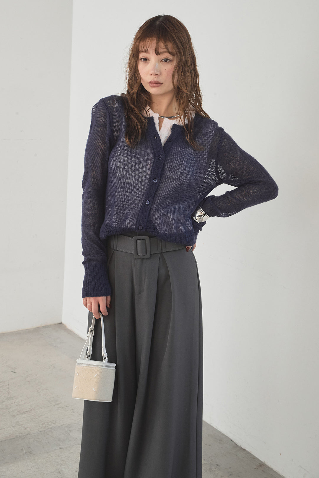 [SET]モヘア透かし編みレイヤードアンサンブルセット+ベルト付きツータックワイドパンツ(2set)