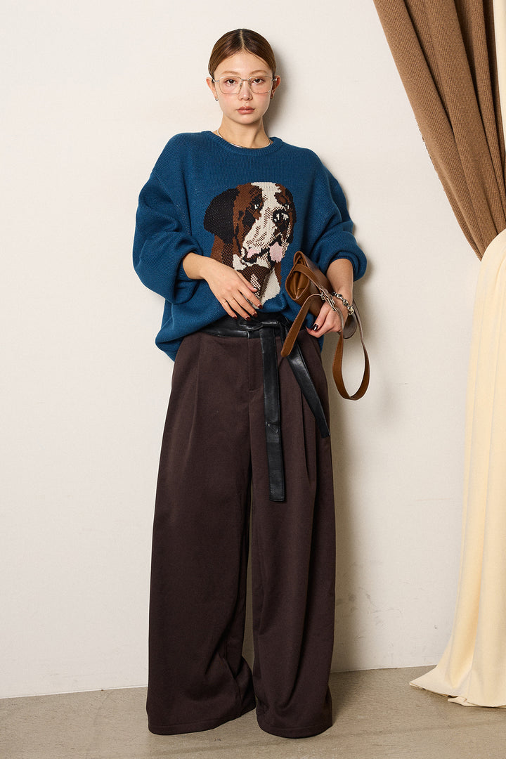 [SET]アニマルジャガード柄ニットトップス+巻ベルトウエストレザーライクワイドパンツ(2set)