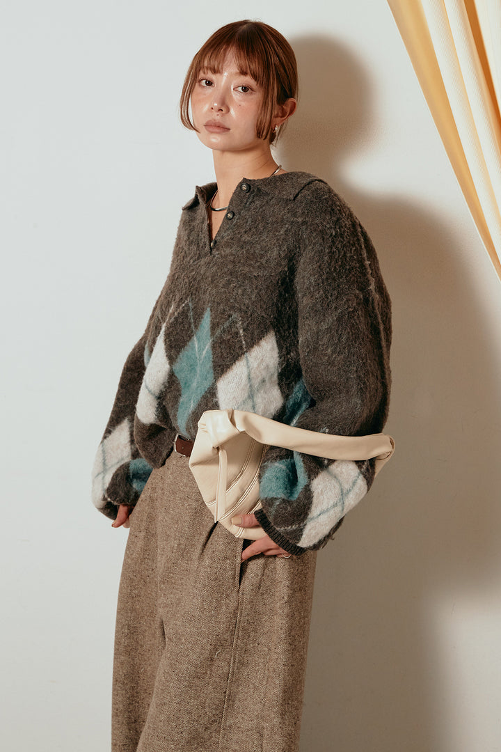 [SET]アーガイル柄ポロニットトップス+ベルト付きネップツイードカーブパンツ(2set)