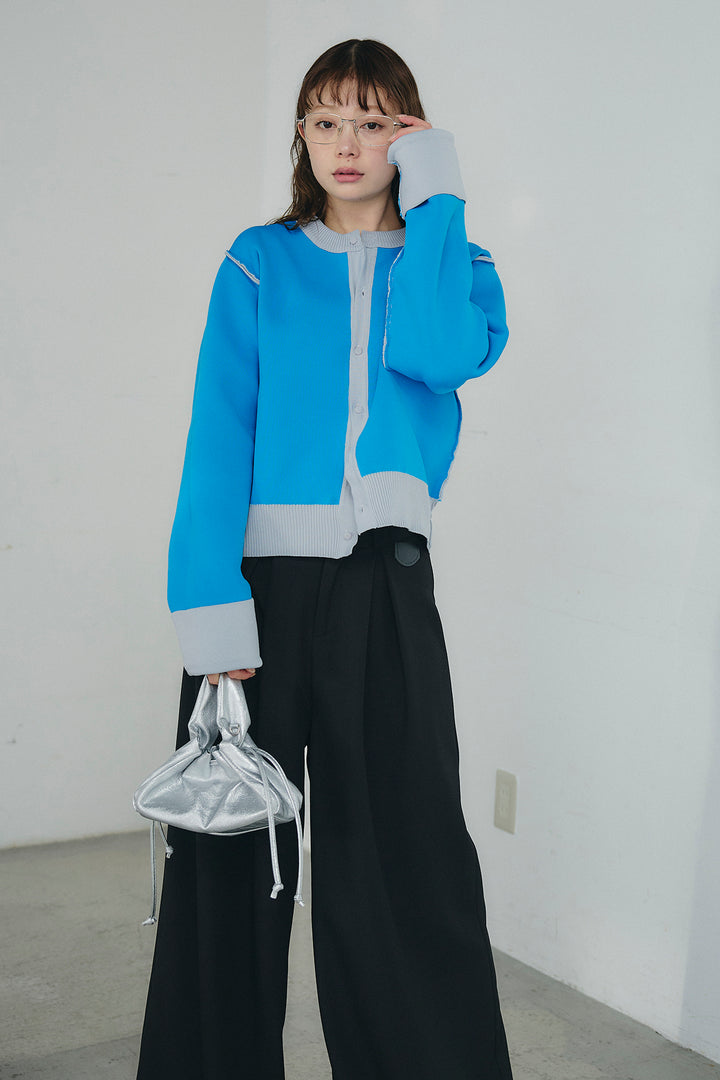 [SET]リバーシブル配色ニットカーディガン+ベルト付きツータックワイドパンツ(2set)
