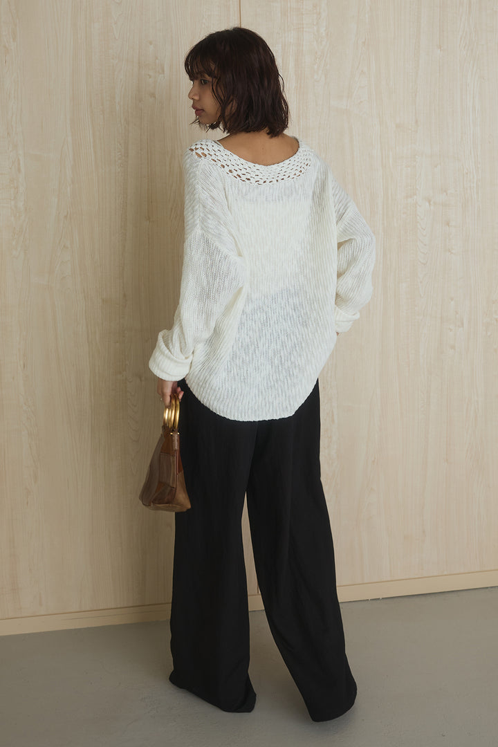 [SET]ネック編みデザインニットトップス+ウエスト折り返しワイドパンツ(2set)