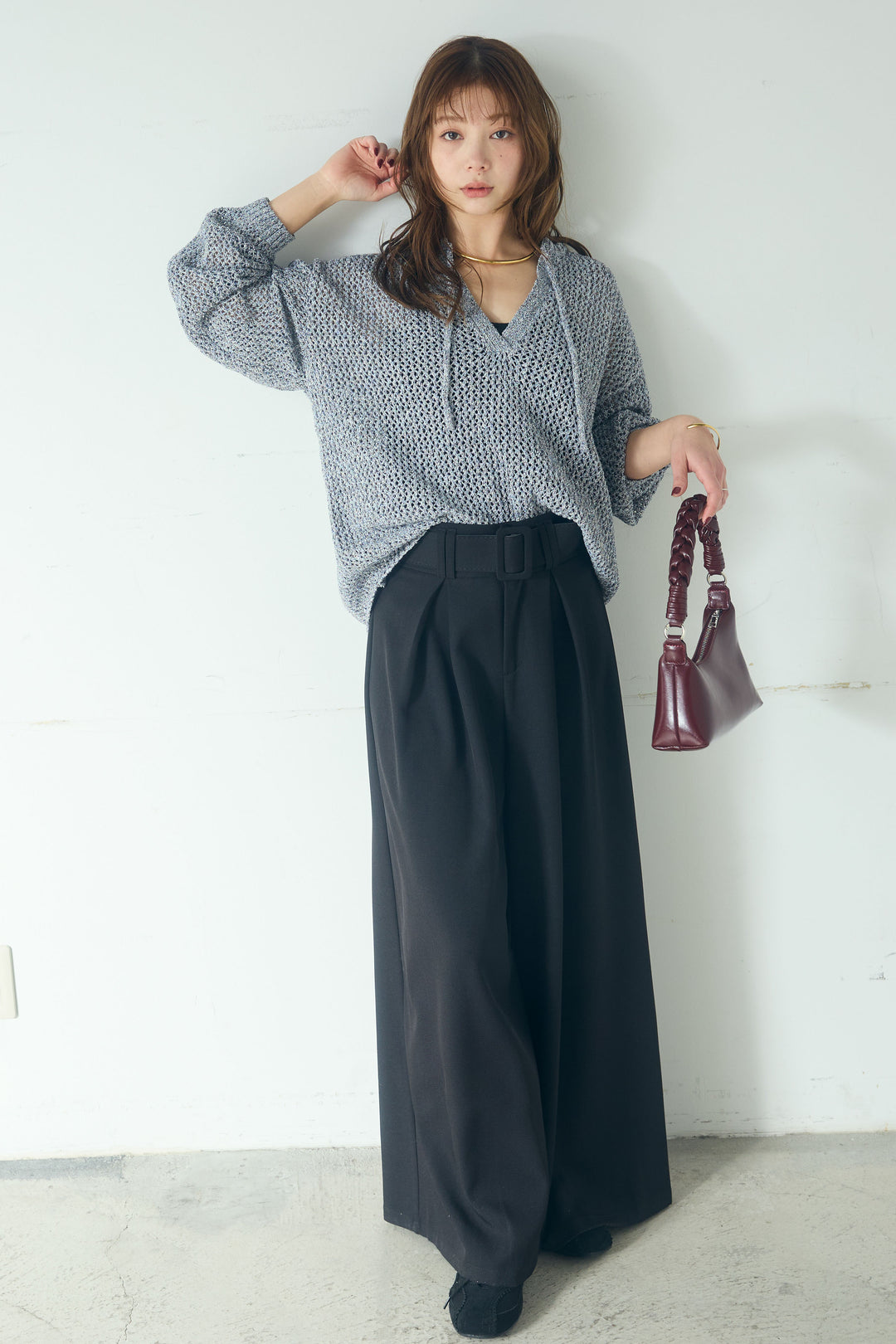【即納】ミックスメッシュキーネックプルオーバー