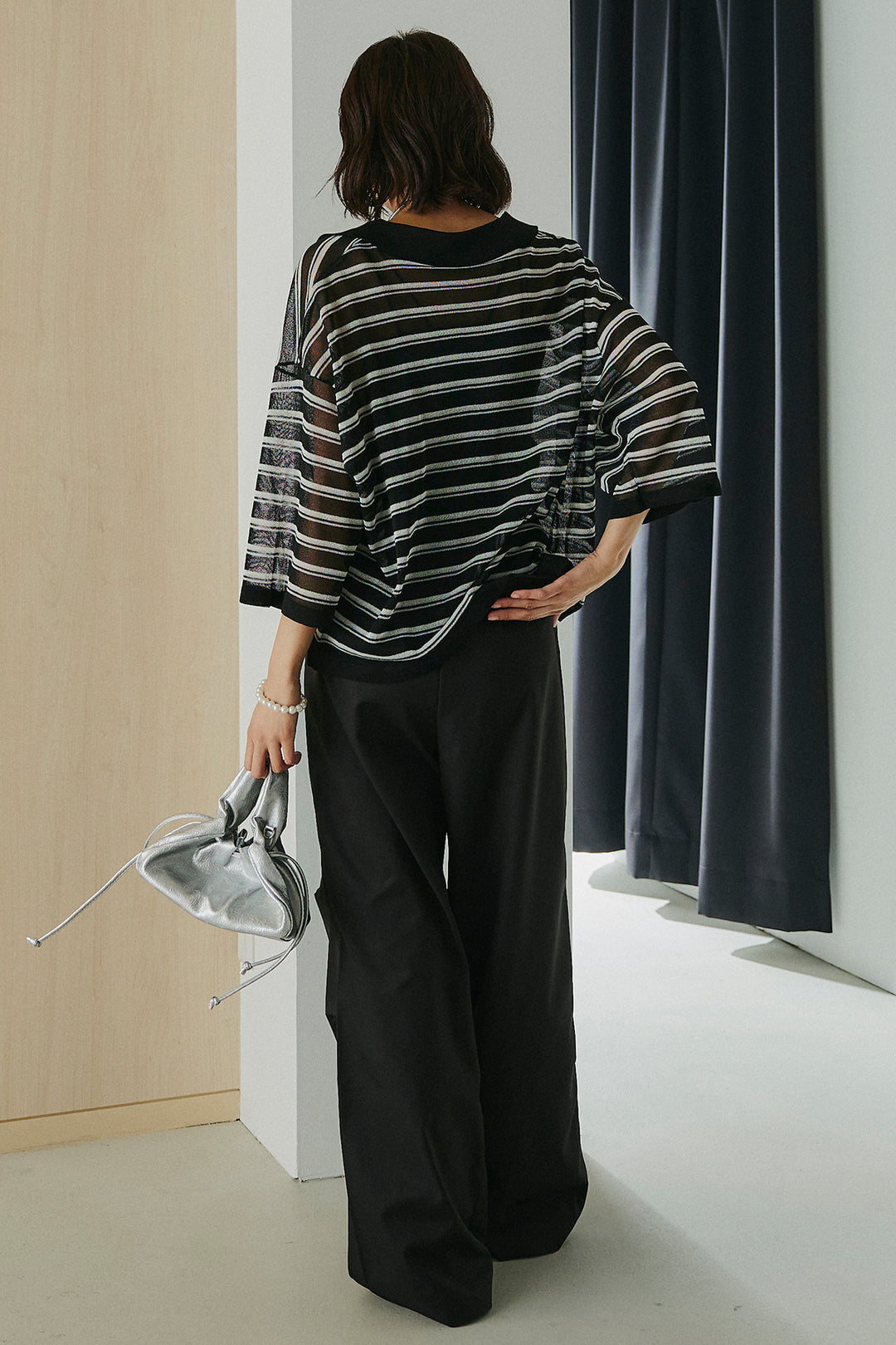 [SET]ボーダーニットポロシャツ+ニーサイドタックウエストドロスパンツ(2set)