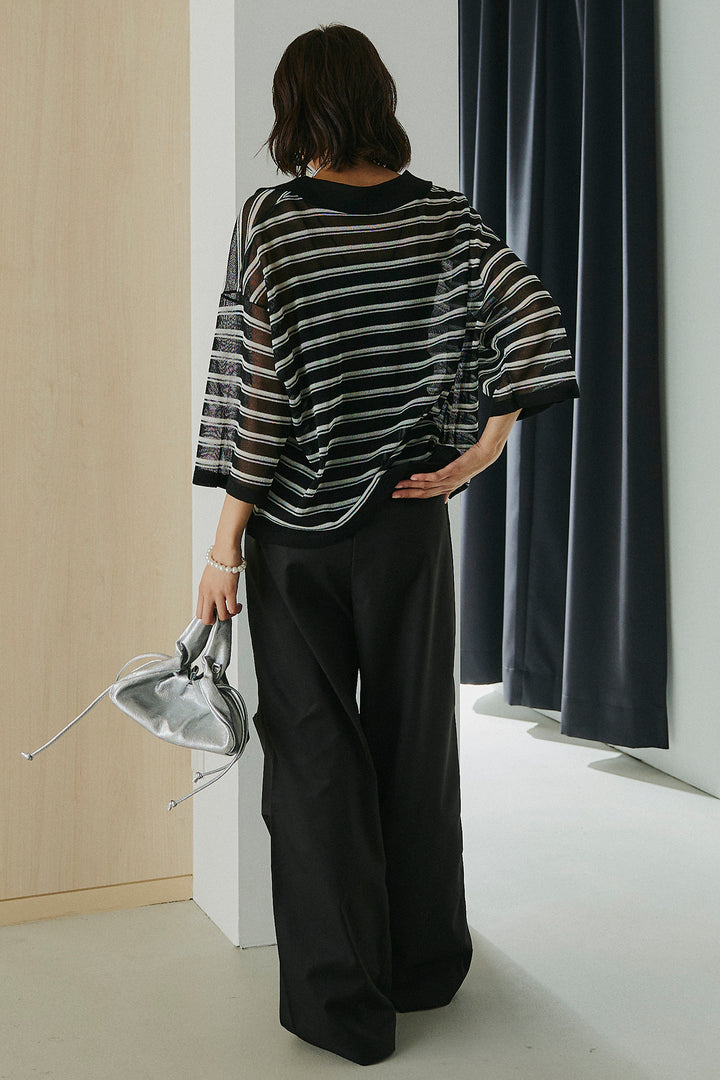 [SET]ボーダーニットポロシャツ+ニーサイドタックウエストドロスパンツ(2set)