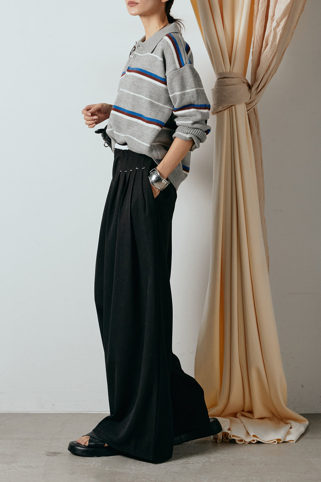 [SET]襟付きマルチボーダーニットポロトップス+ウエストステッチデザインワイドスラックス(2set)