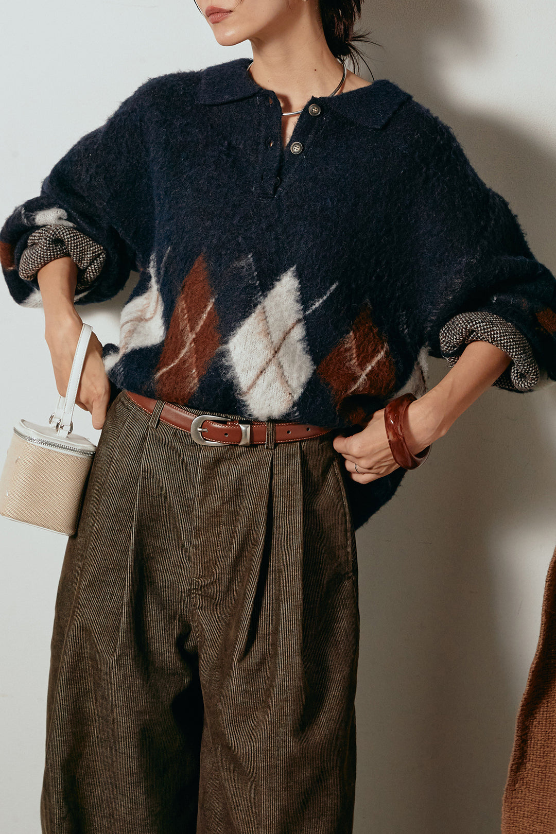 [SET]アーガイル柄ポロニットトップス+フロントタック入りコーデュロイパンツ(2set)