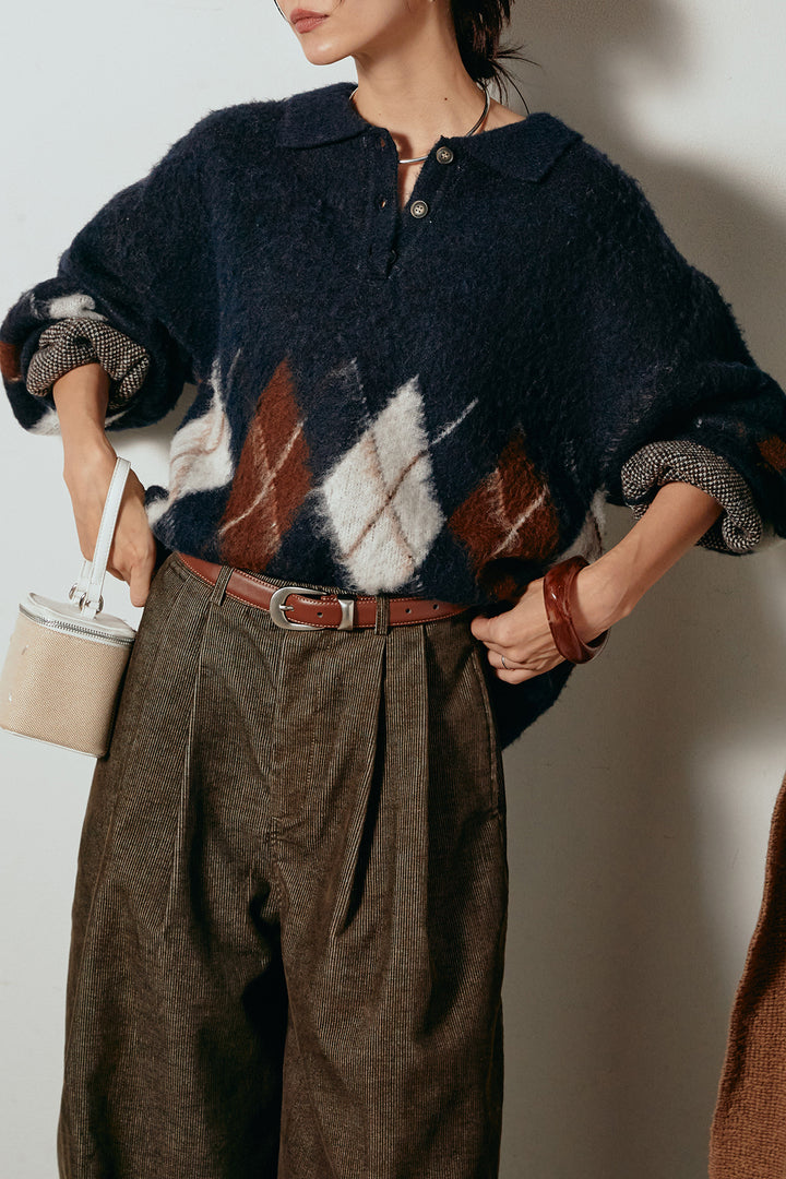 [SET]アーガイル柄ポロニットトップス+フロントタック入りコーデュロイパンツ(2set)