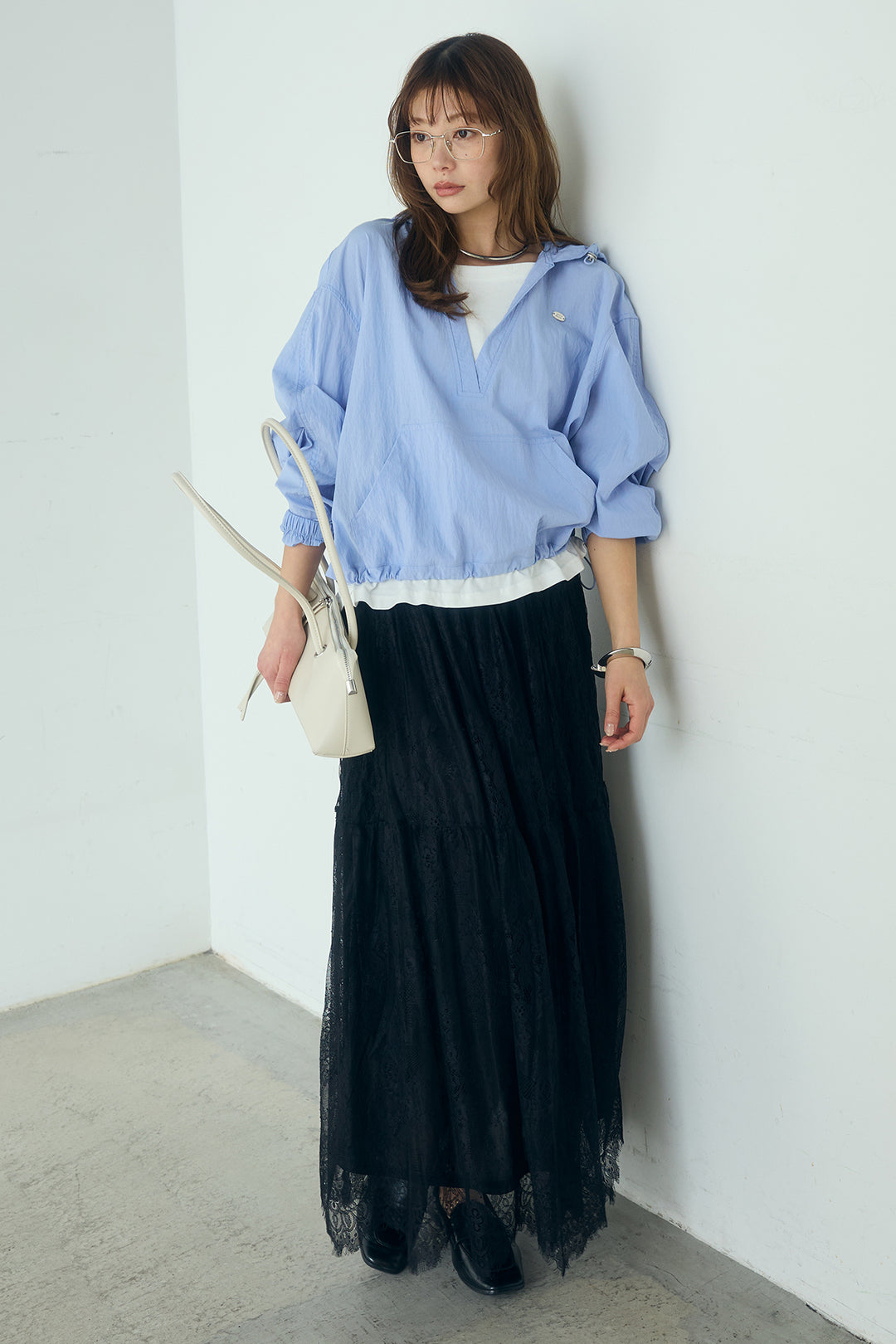 [SET]レイヤードデザインフーディートップス+ひげレース切替ロング丈スカート(2set)