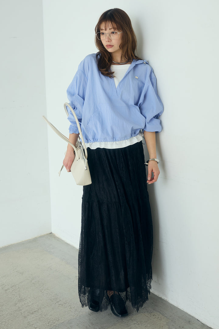 [SET]レイヤードデザインフーディートップス+ひげレース切替ロング丈スカート(2set)