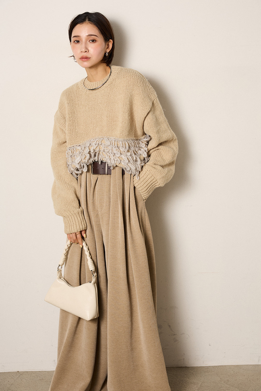 [SET]ループ編み切り替えニットプルオーバー+ベルトループコーデュロイワイドパンツ(2set)