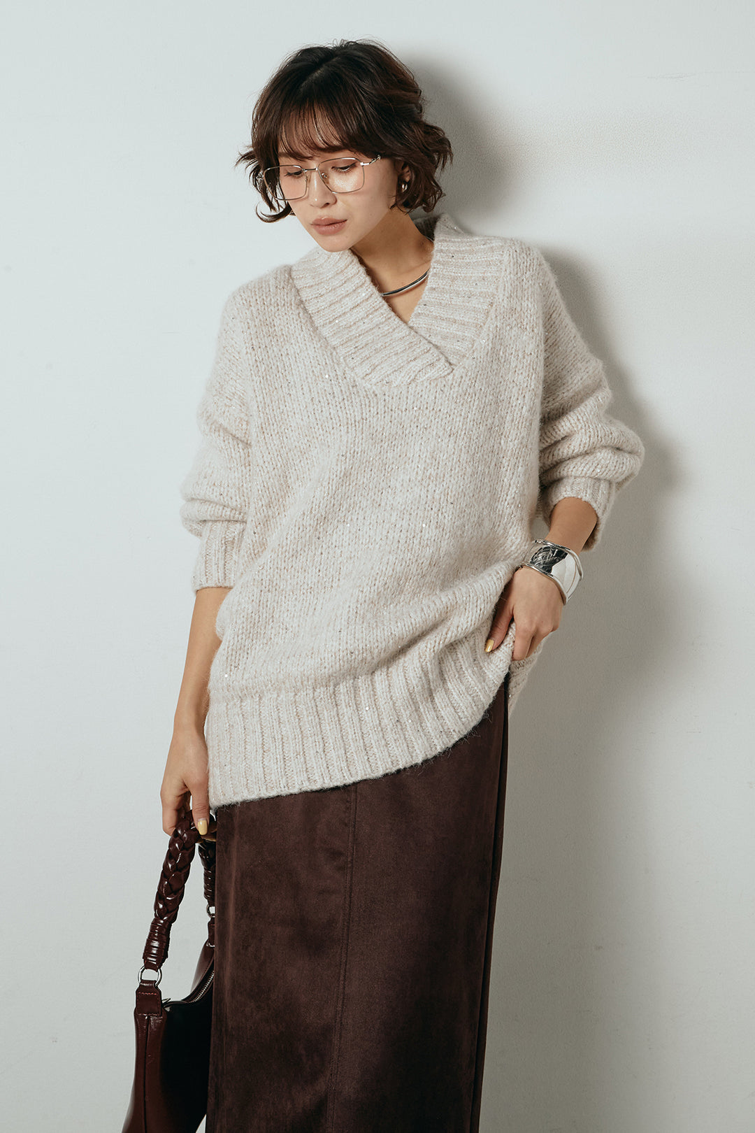 [SET]Vネックラメニットトップス+スウェードライク裾フリンジスカート(2set)