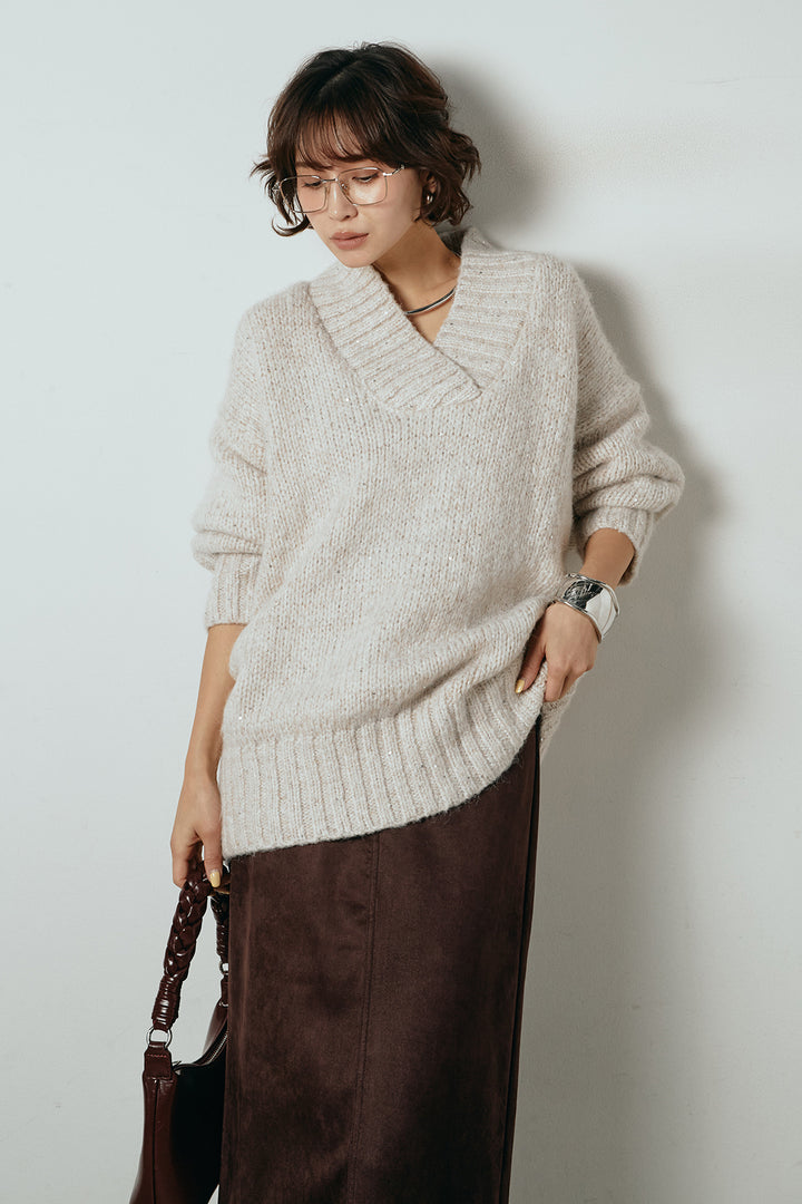 [SET]Vネックラメニットトップス+スウェードライク裾フリンジスカート(2set)