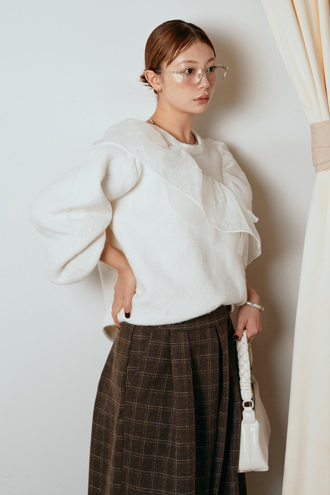 [SET]アシンメトリーフリルニットトップス+ウールライクチェックタックパンツ(2set)